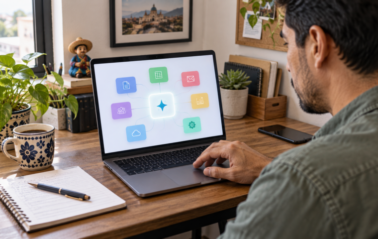 Ilustración conceptual de una computadora con tarjetas de aplicaciones conectadas a un asistente de inteligencia artificial; no representa una interfaz real.