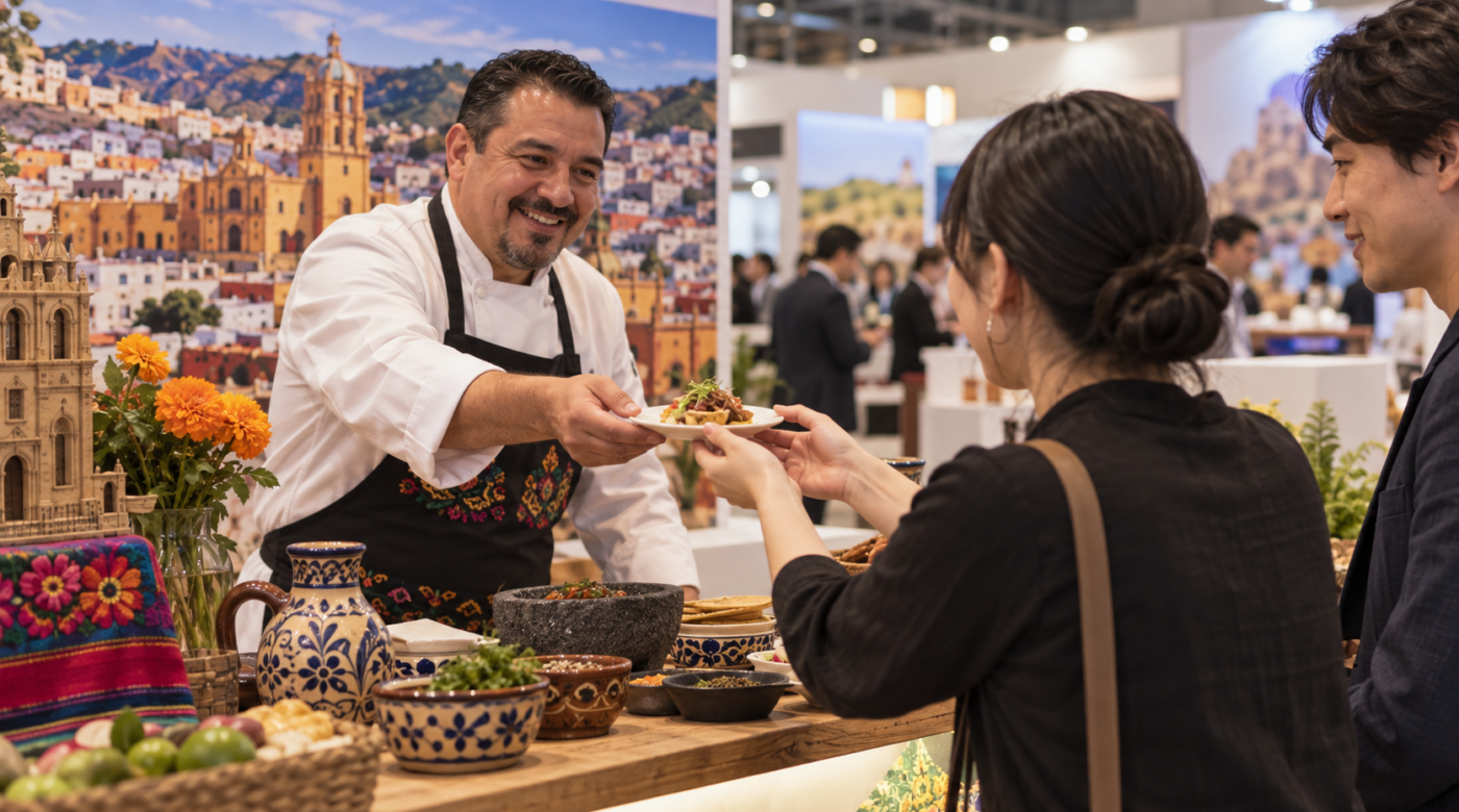 Ilustración generada con IA de un cocinero que presenta sabores mexicanos a visitantes en una feria turística.