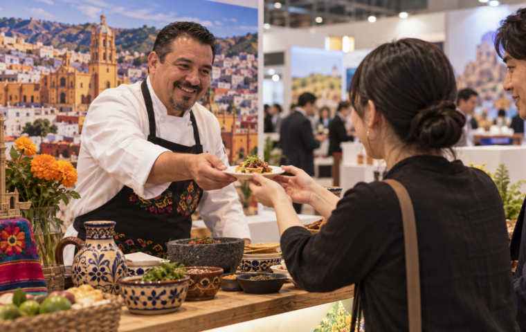 Ilustración generada con IA de un cocinero que presenta sabores mexicanos a visitantes en una feria turística.