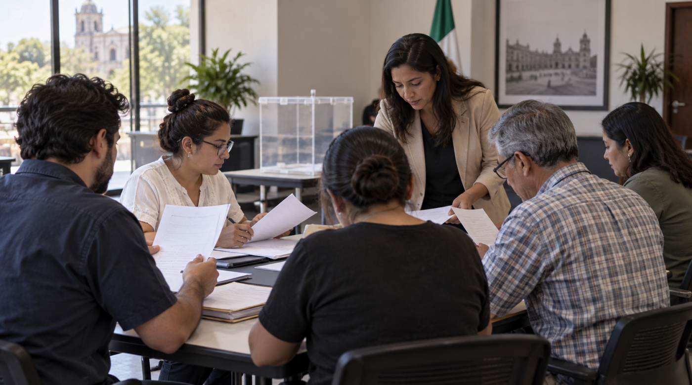 Ilustración generada con IA de personas revisando documentos de organización electoral en una mesa de trabajo.