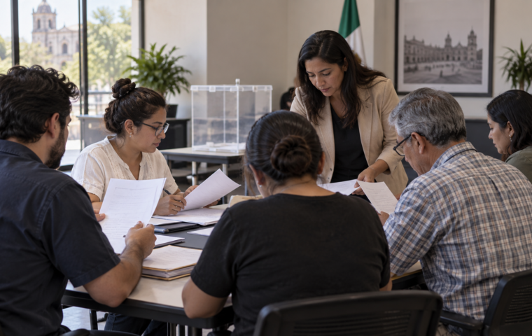 Ilustración generada con IA de personas revisando documentos de organización electoral en una mesa de trabajo.
