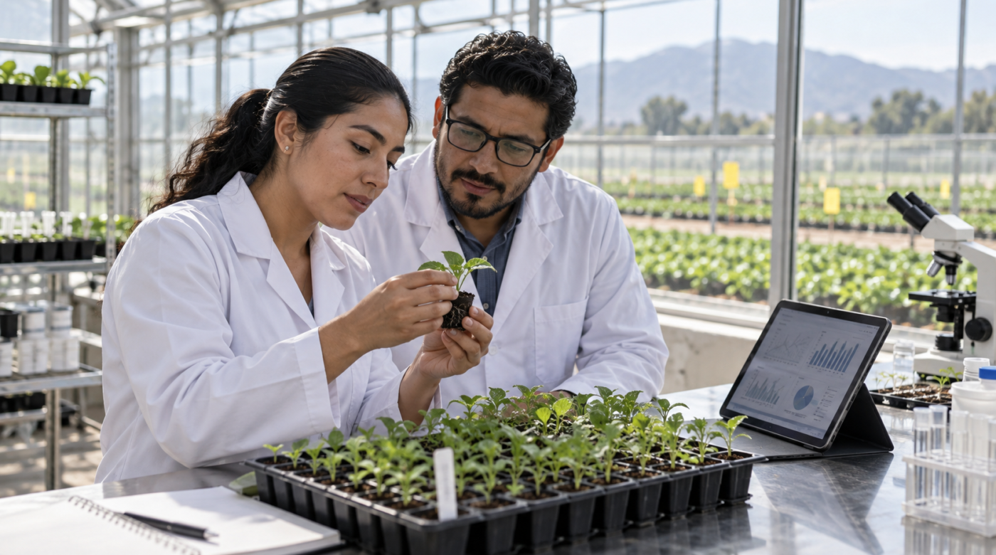 Ilustración generada con IA de investigación agrícola con plántulas y herramientas digitales en un invernadero.