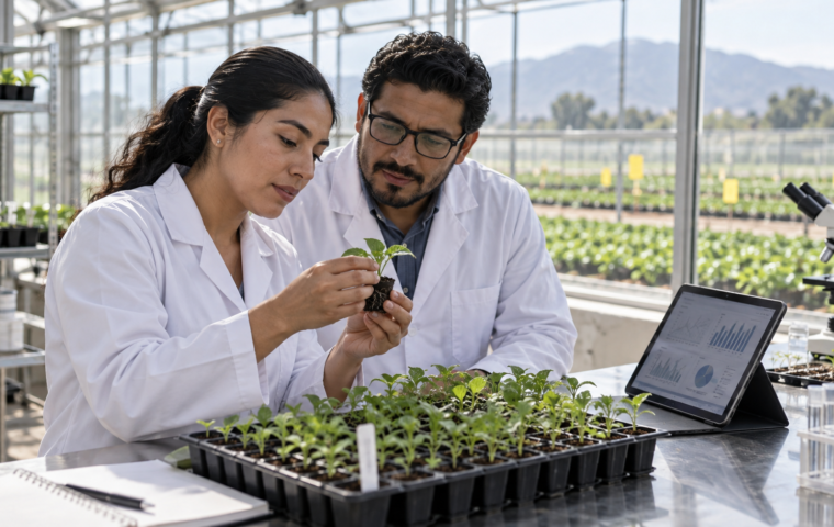 Ilustración generada con IA de investigación agrícola con plántulas y herramientas digitales en un invernadero.