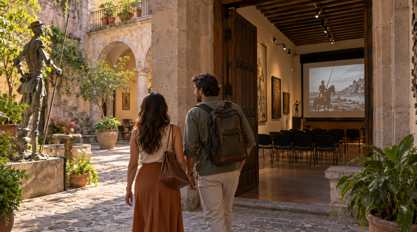 Ilustración generada con IA de viajeros que entran a un museo colonial de Guanajuato para una visita cultural.