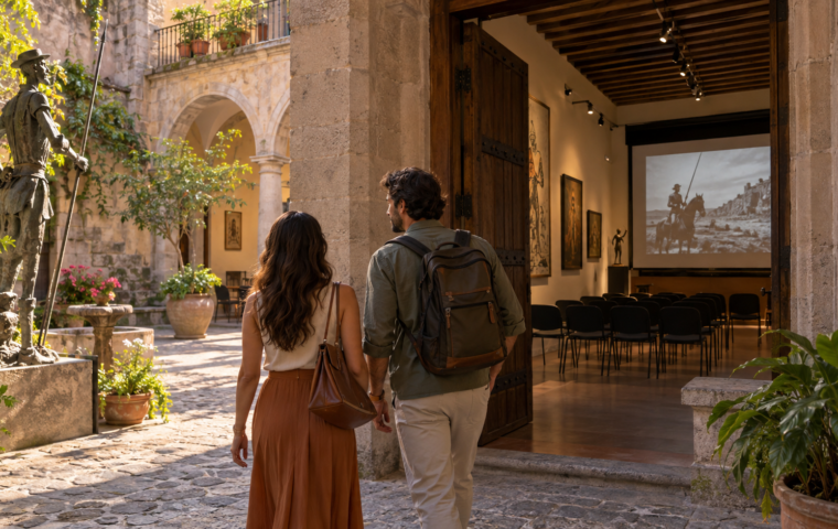 Ilustración generada con IA de viajeros que entran a un museo colonial de Guanajuato para una visita cultural.