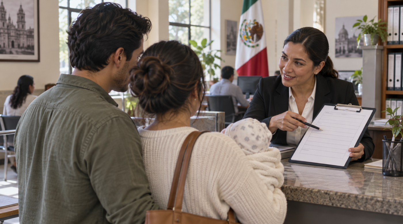 Ilustración generada con IA de una familia con un bebé que recibe orientación en una oficina del Registro Civil.