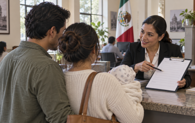 Ilustración generada con IA de una familia con un bebé que recibe orientación en una oficina del Registro Civil.