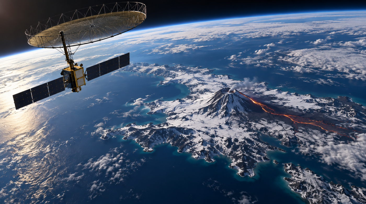 Ilustración conceptual generada con IA de un satélite de radar observando un volcán remoto; no es una fotografía ni un mapa medido de NISAR.