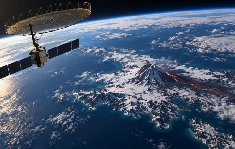 Ilustración conceptual generada con IA de un satélite de radar observando un volcán remoto; no es una fotografía ni un mapa medido de NISAR.