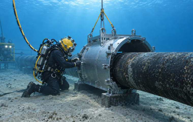 Buzo técnico trabaja junto a un ducto marino durante una operación de reparación submarina