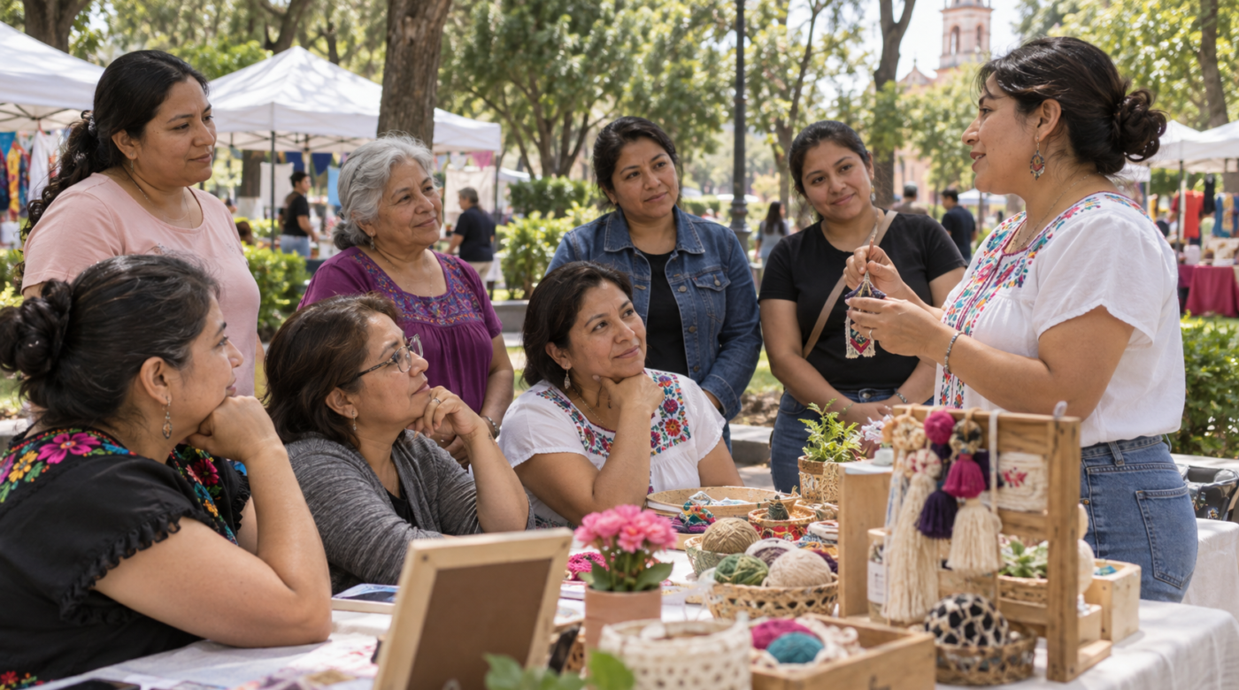 Ilustración generada con IA de un taller comunitario de mujeres en un parque de Azcapotzalco.