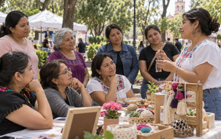 Ilustración generada con IA de un taller comunitario de mujeres en un parque de Azcapotzalco.