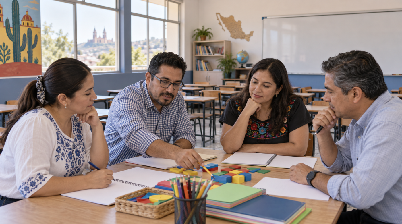 Ilustración generada con IA de docentes que analizan materiales y planean acciones de aprendizaje en un aula.