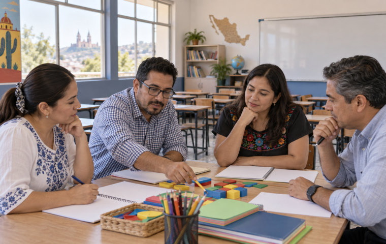 Ilustración generada con IA de docentes que analizan materiales y planean acciones de aprendizaje en un aula.