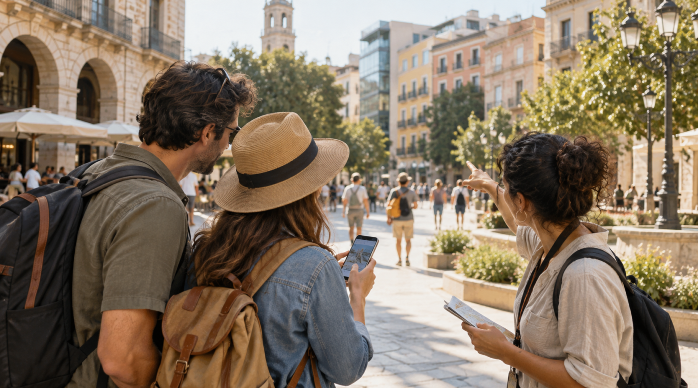 Viajeros consultan un teléfono para orientarse en una plaza urbana, con edificios y servicios turísticos al fondo.