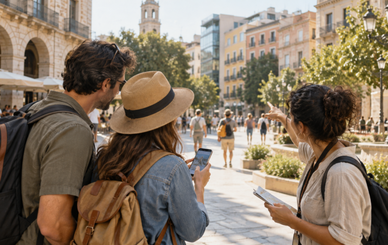 Viajeros consultan un teléfono para orientarse en una plaza urbana, con edificios y servicios turísticos al fondo.