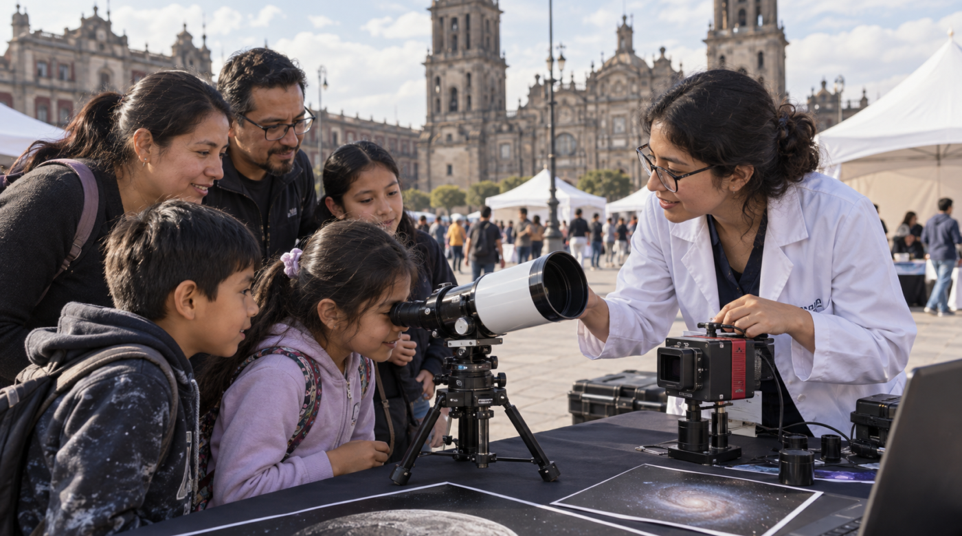 Ilustración generada con IA de una demostración de telescopios para familias en una plaza de CDMX.