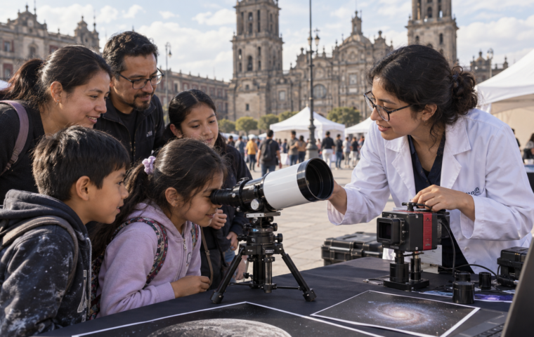 Ilustración generada con IA de una demostración de telescopios para familias en una plaza de CDMX.